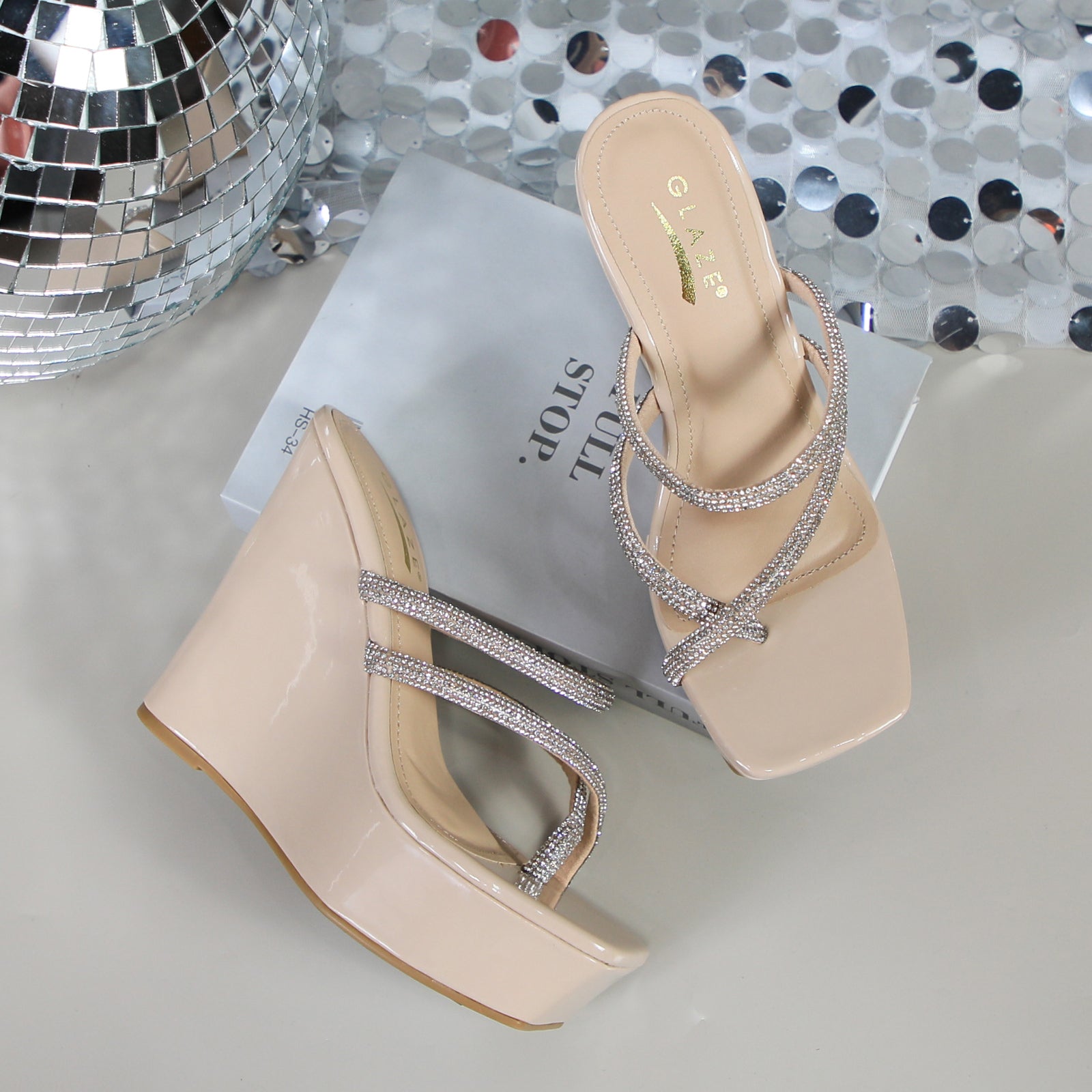Glaze Women's Platform 5 Inch Wedge Sandals, Square Toe Rhinestone Strappy Design