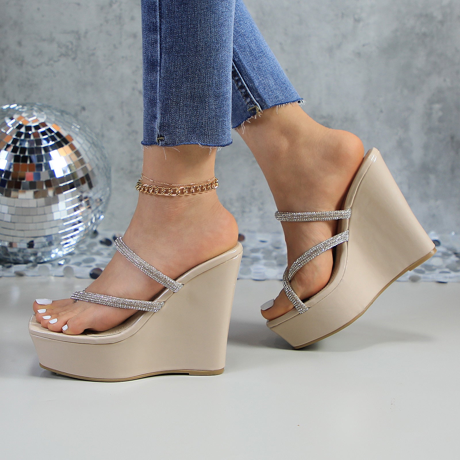 Glaze Women's Platform 5 Inch Wedge Sandals, Square Toe Rhinestone Strappy Design
