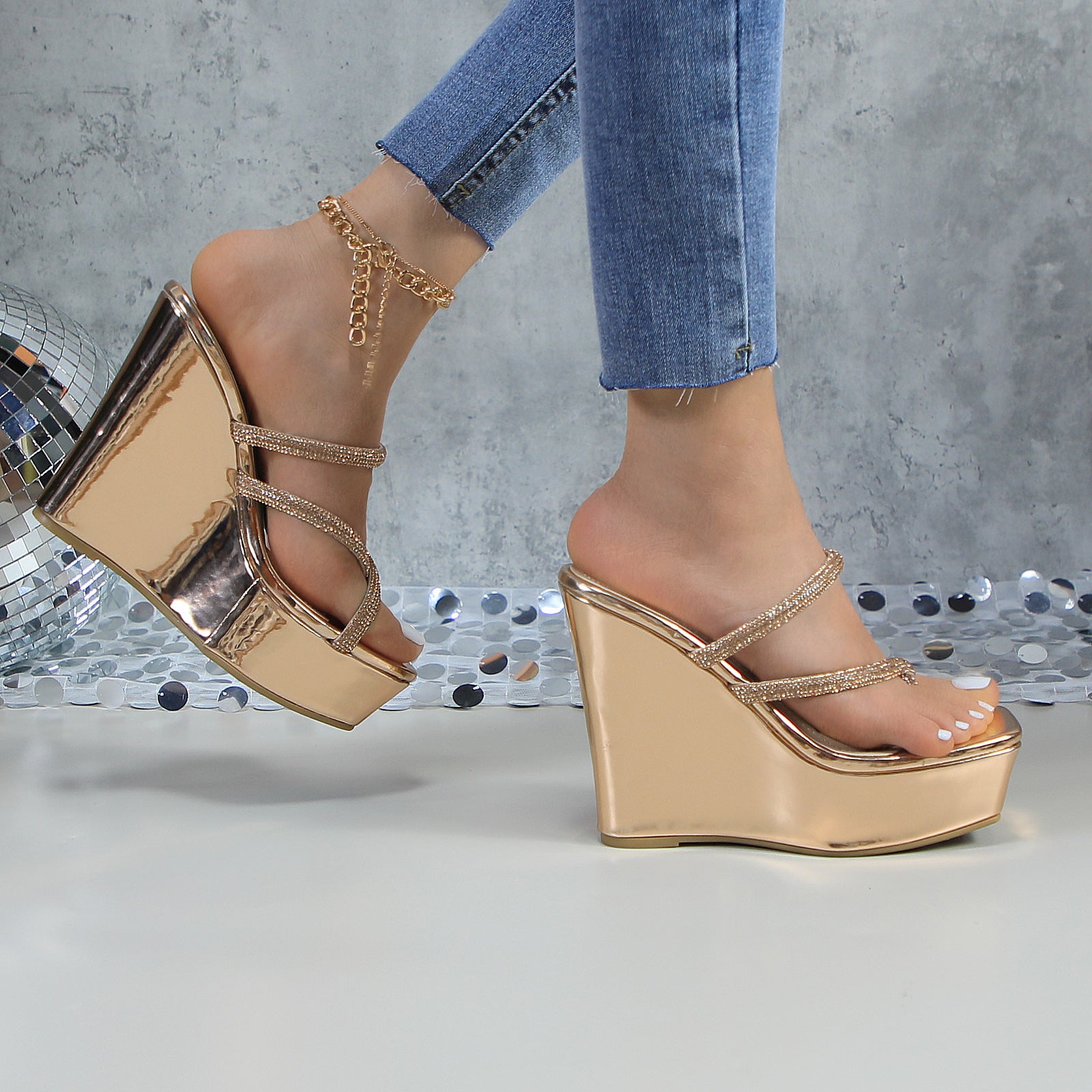 Glaze Women's Platform 5 Inch Wedge Sandals, Square Toe Rhinestone Strappy Design