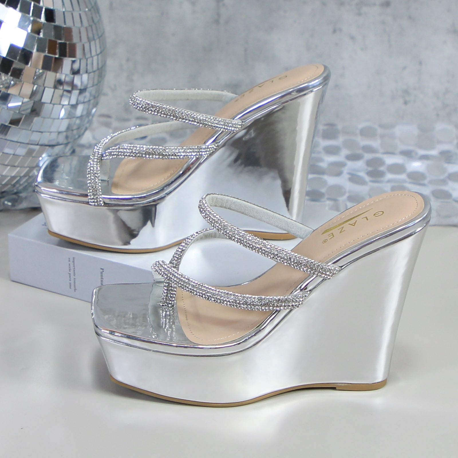 Glaze Women's Platform 5 Inch Wedge Sandals, Square Toe Rhinestone Strappy Design