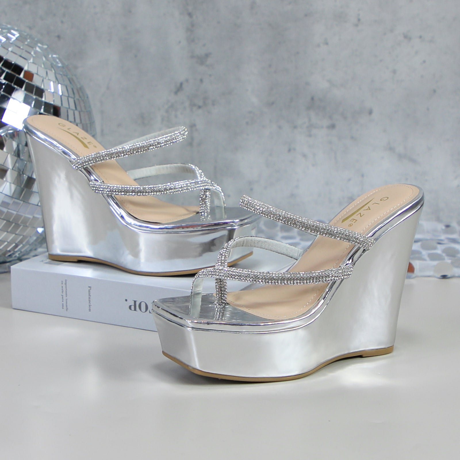 Glaze Women's Platform 5 Inch Wedge Sandals, Square Toe Rhinestone Strappy Design