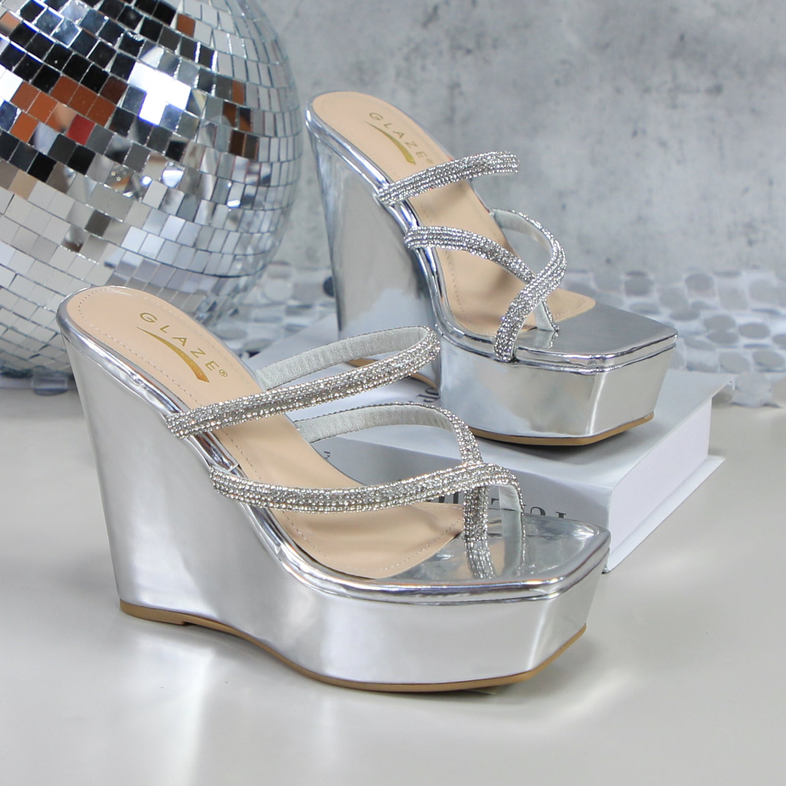 Glaze Women's Platform 5 Inch Wedge Sandals, Square Toe Rhinestone Strappy Design