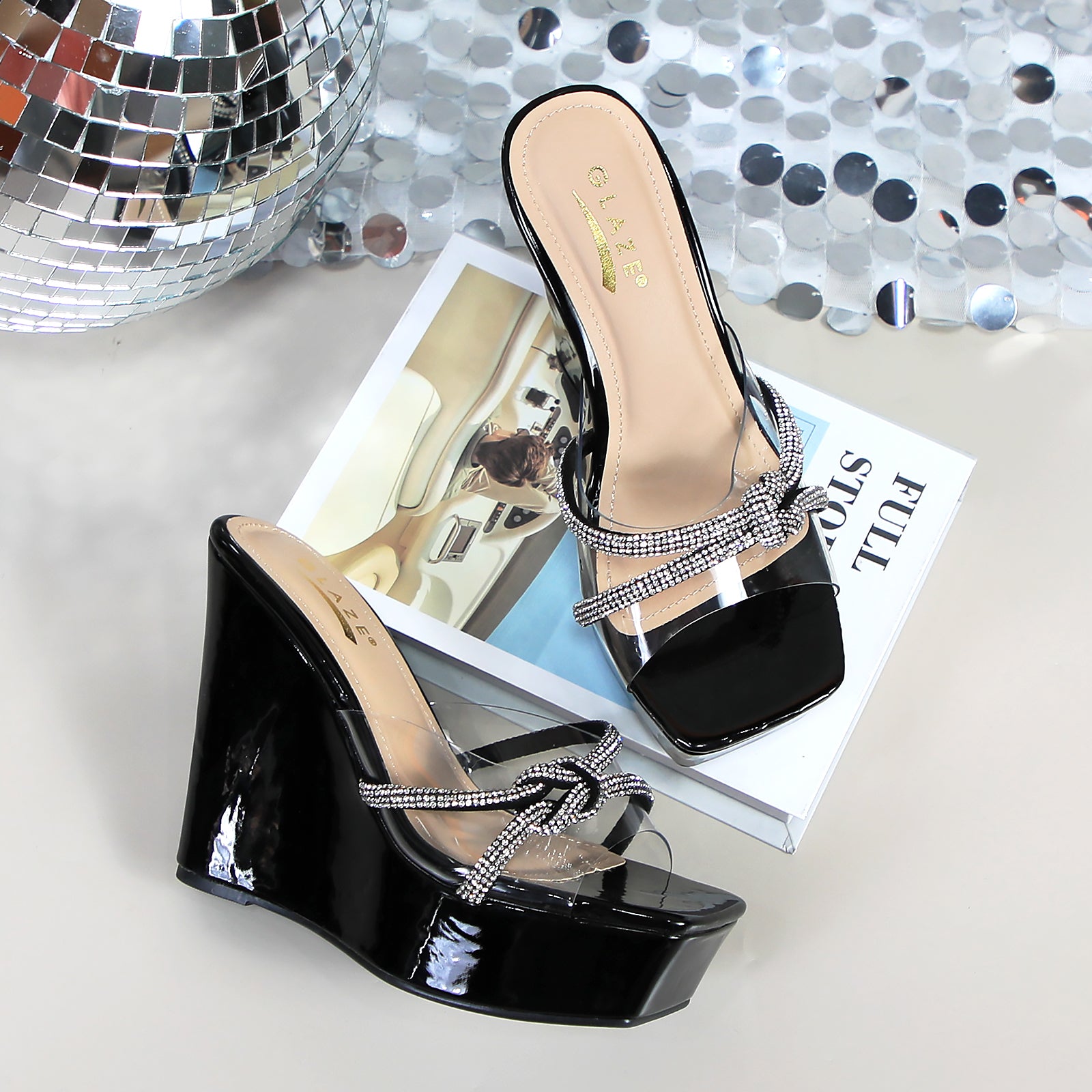 Glaze Women's Clear Strap 5 Inch Wedge Sandals Rhinestone Embellished