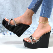 Glaze Women's Clear Strap 5 Inch Wedge Sandals Rhinestone Embellished