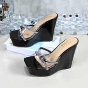 Glaze Women's Clear Strap 5 Inch Wedge Sandals Rhinestone Embellished