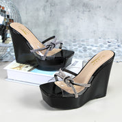 Glaze Women's Clear Strap 5 Inch Wedge Sandals Rhinestone Embellished