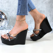 Glaze Women's Clear Strap 5 Inch Wedge Sandals Rhinestone Embellished