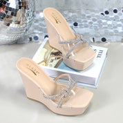 Glaze Women's Clear Strap 5 Inch Wedge Sandals Rhinestone Embellished