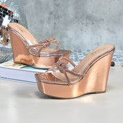 Glaze Women's Clear Strap 5 Inch Wedge Sandals Rhinestone Embellished