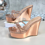 Glaze Women's Clear Strap 5 Inch Wedge Sandals Rhinestone Embellished