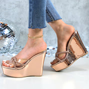 Glaze Women's Clear Strap 5 Inch Wedge Sandals Rhinestone Embellished
