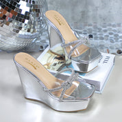 Glaze Women's Clear Strap 5 Inch Wedge Sandals Rhinestone Embellished