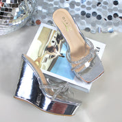 Glaze Women's Clear Strap 5 Inch Wedge Sandals Rhinestone Embellished